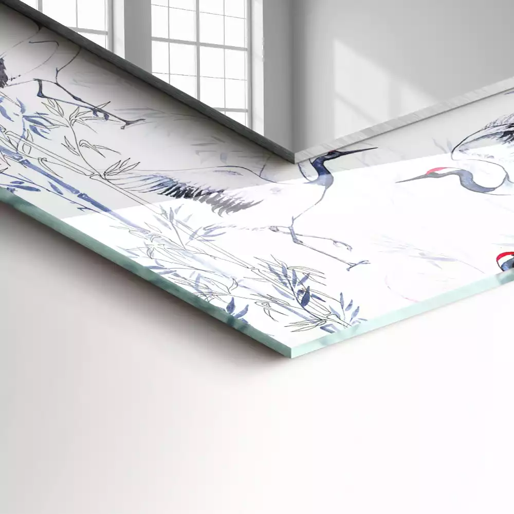 Obdélníkové dekorační zrcadlo Jeřáby a bambusy