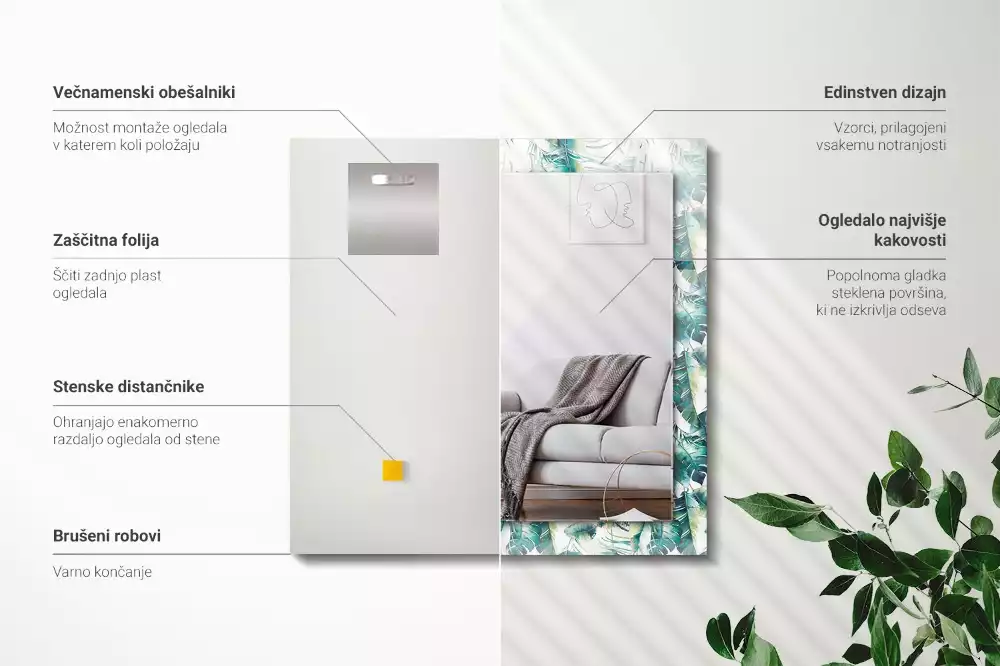 Obdélníkové dekorační zrcadlo Zelené tropické listy