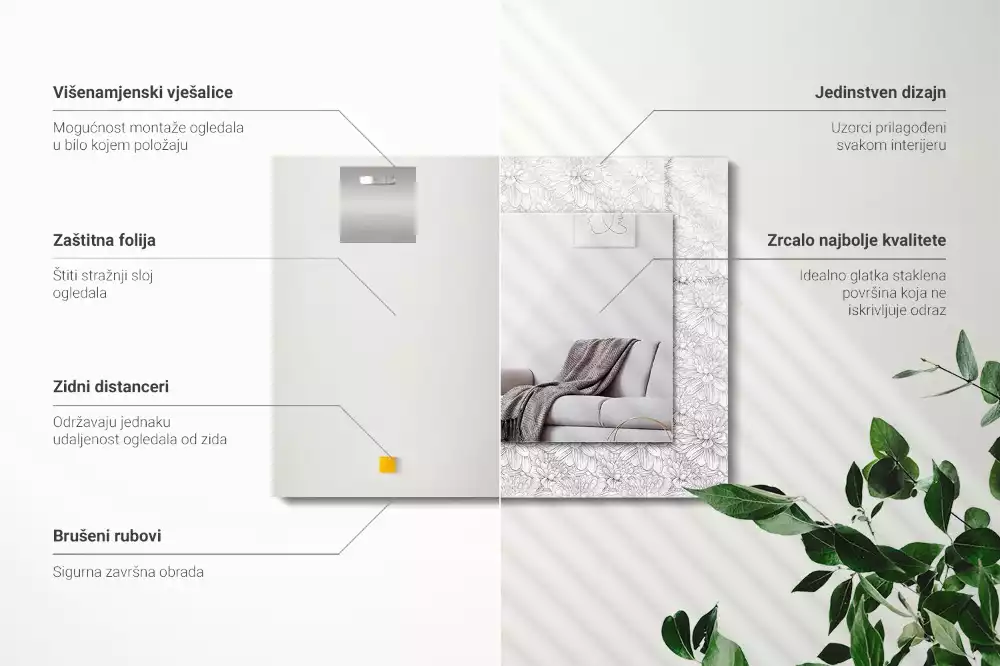 Obdélníkové dekorační zrcadlo Květinový monochromatický vzor