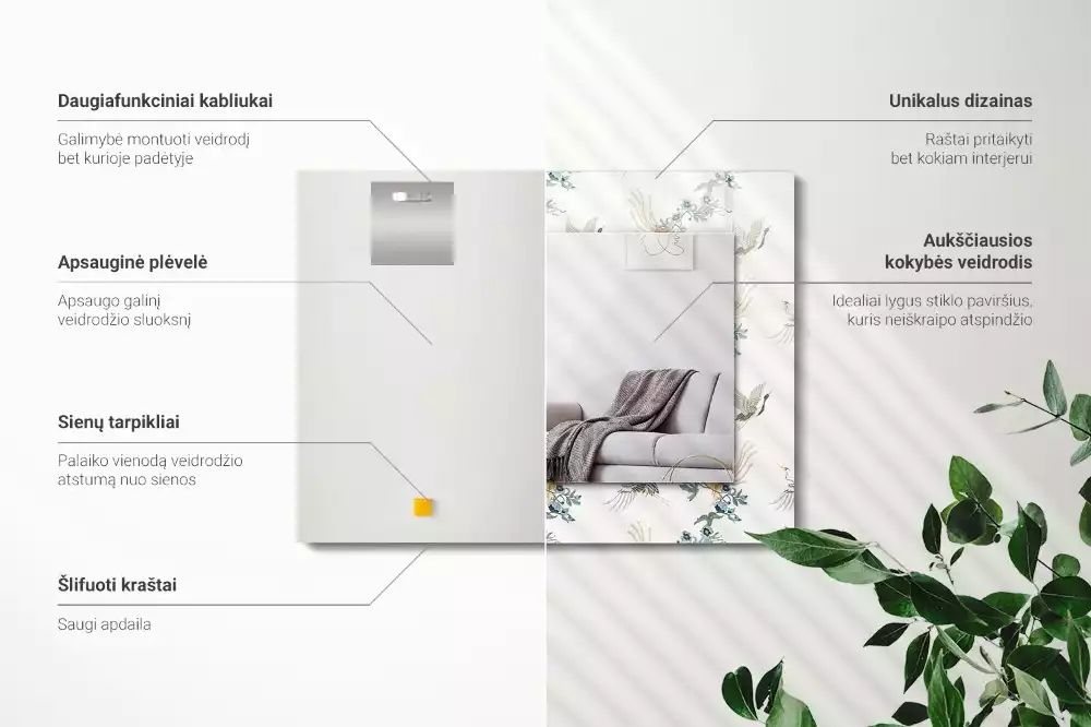 Obdélníkové dekorační zrcadlo Ptáci a květiny