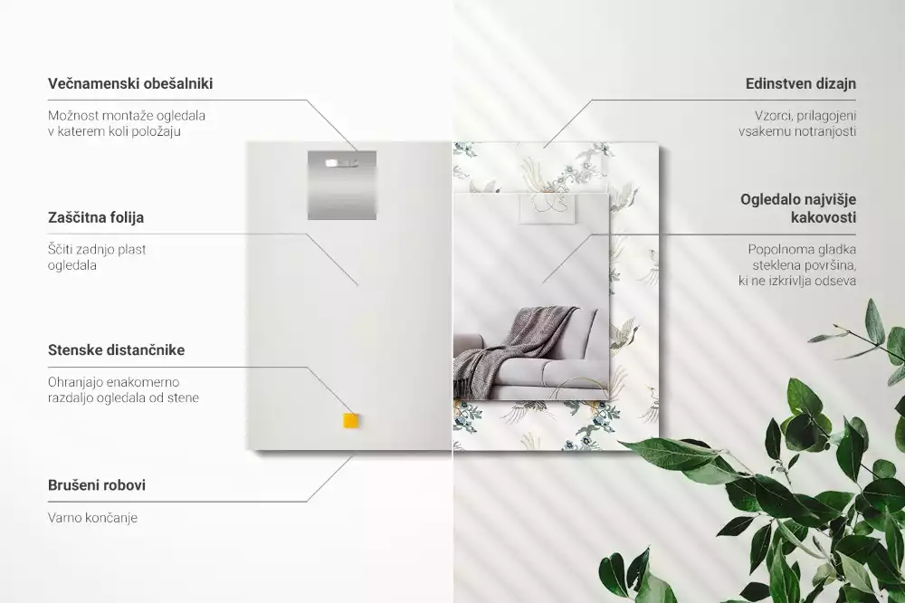 Obdélníkové dekorační zrcadlo Ptáci a květiny