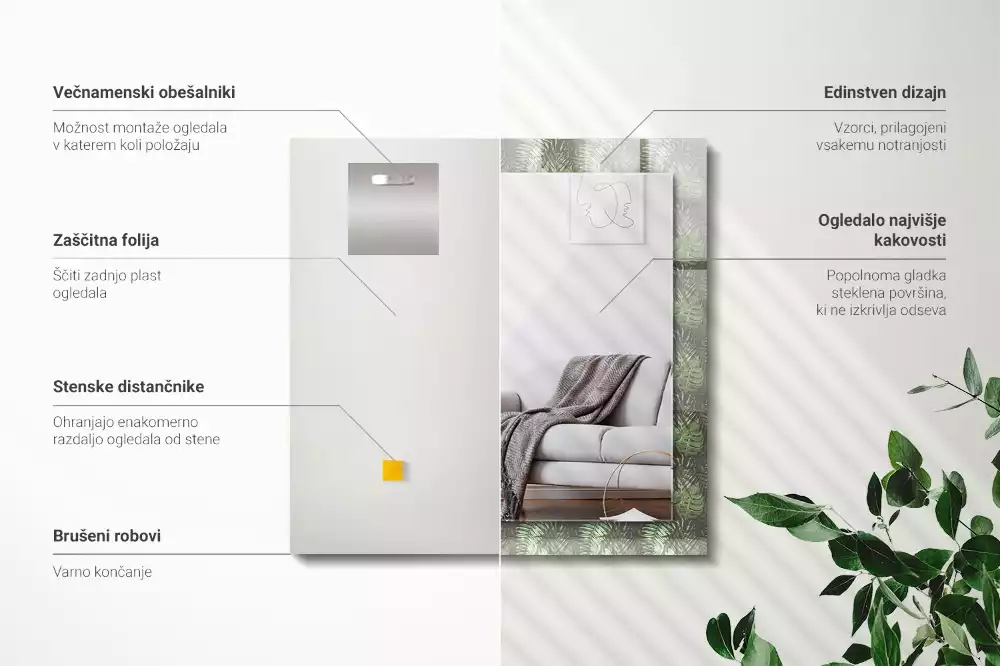 Obdélníkové dekorační zrcadlo Listy tropických rostlin