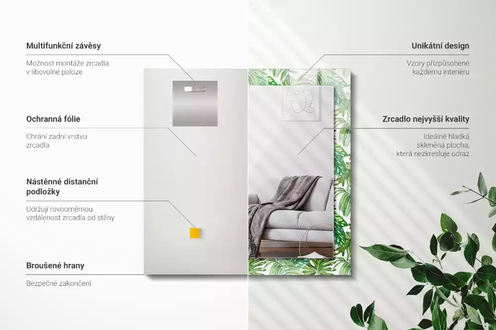 Obdélníkové dekorační zrcadlo Zelené tropické listy