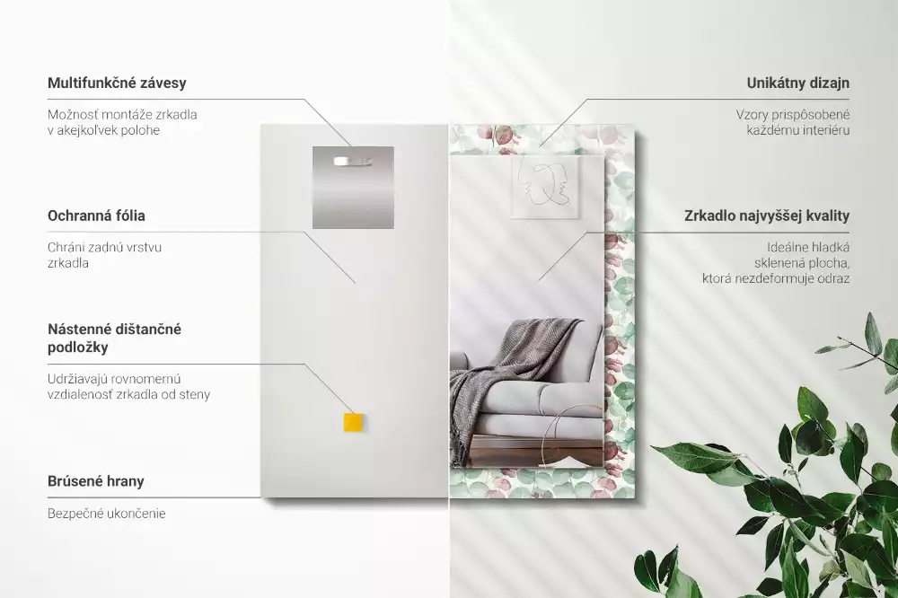 Obdélníkové dekorační zrcadlo Akvarel listy