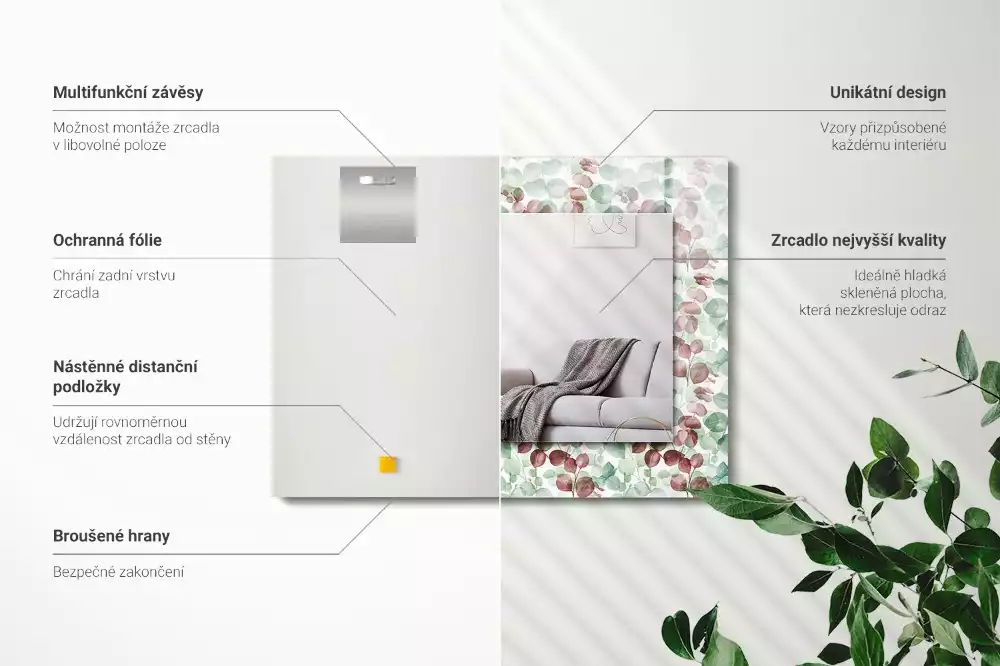 Obdélníkové dekorační zrcadlo Akvarel listy