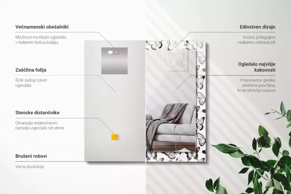 Obdélníkové dekorační zrcadlo Černobílí motýli