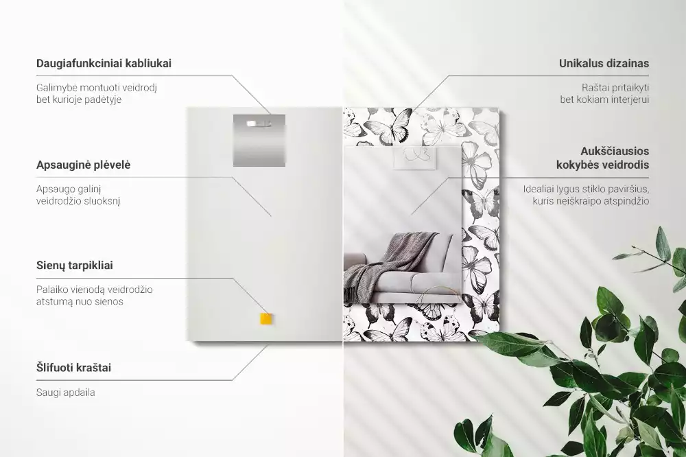 Obdélníkové dekorační zrcadlo Černobílí motýli