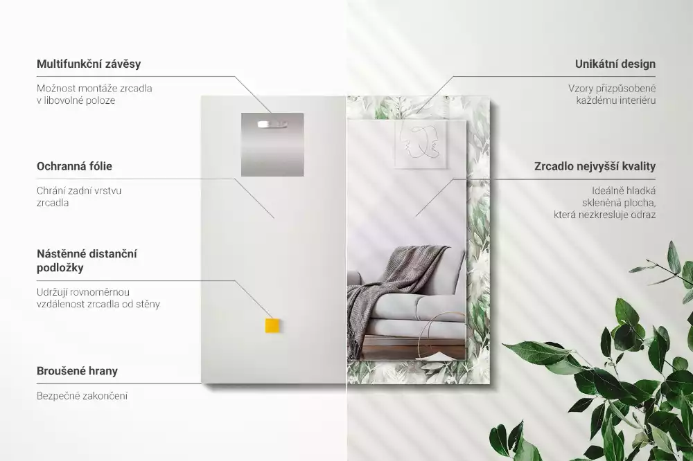 Obdélníkové dekorační zrcadlo Vzor zelené listy