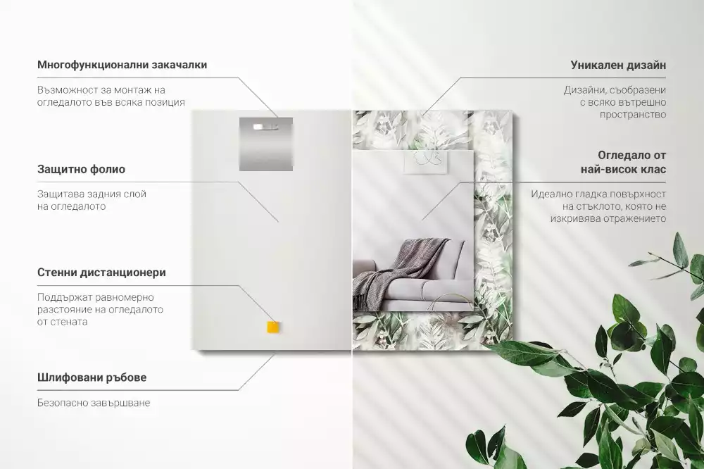 Obdélníkové dekorační zrcadlo Vzor zelené listy