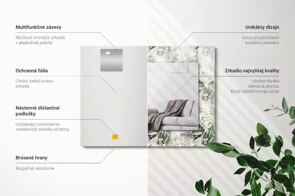 Obdélníkové dekorační zrcadlo Vzor zelené listy