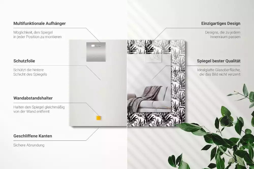 Obdélníkové dekorační zrcadlo Černé a bílé listy