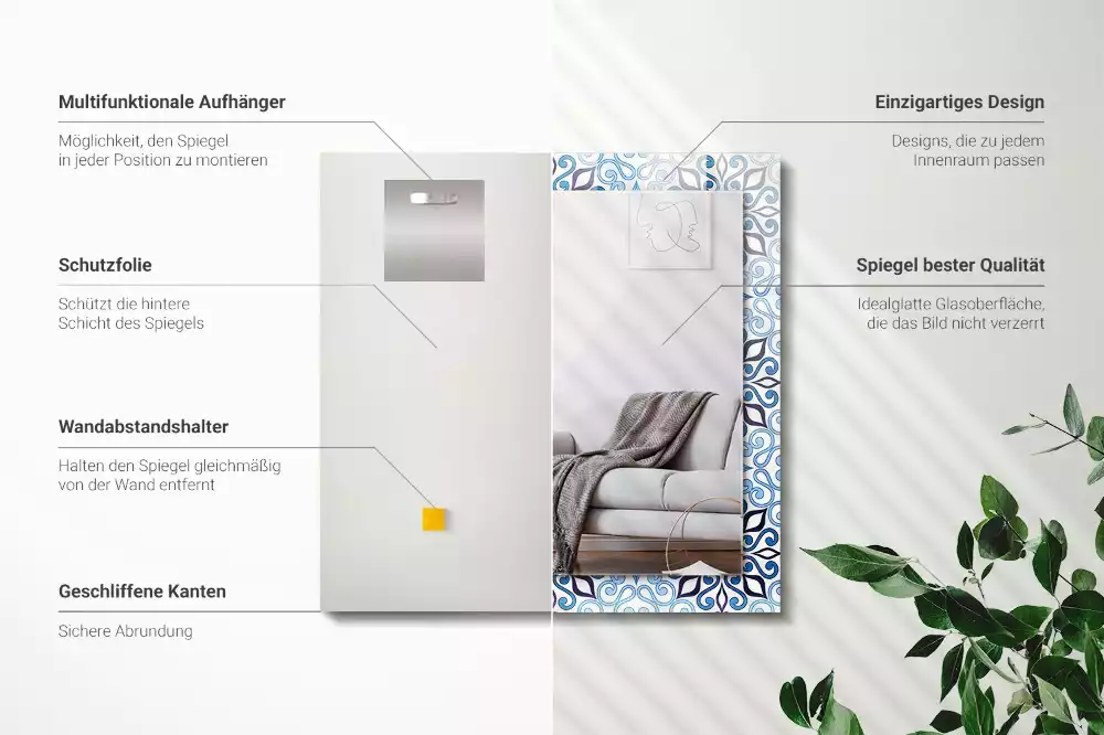 Obdélníkové dekorační zrcadlo Modrý ornamentální vzor