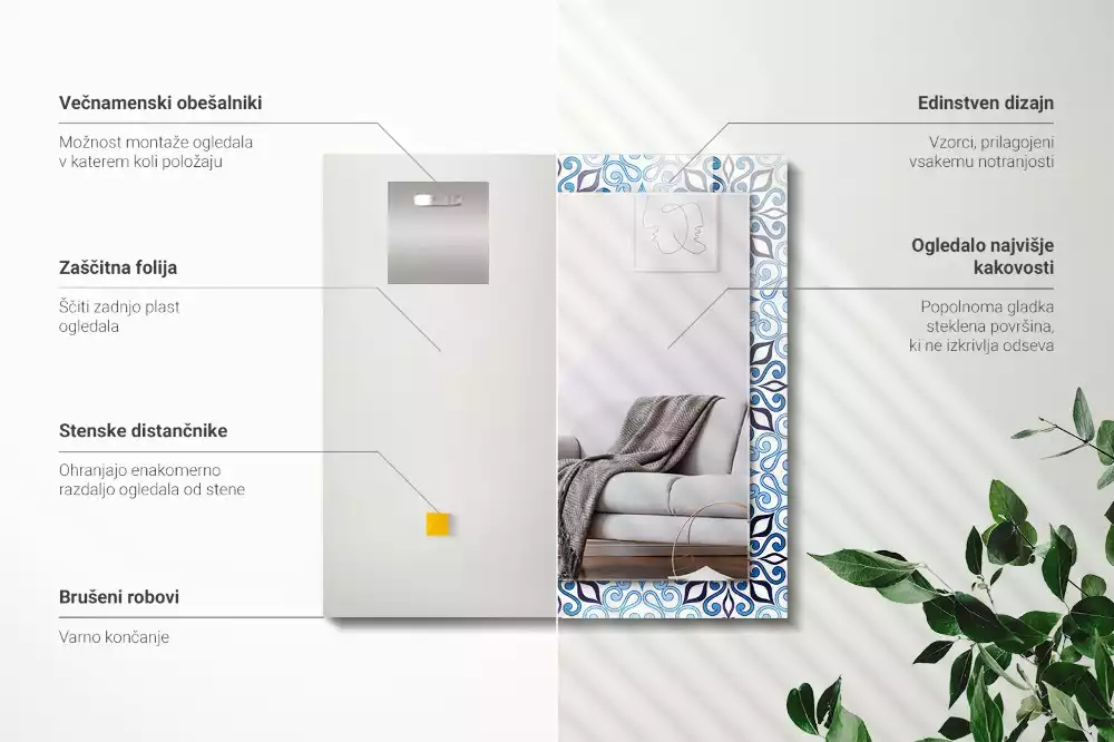 Obdélníkové dekorační zrcadlo Modrý ornamentální vzor