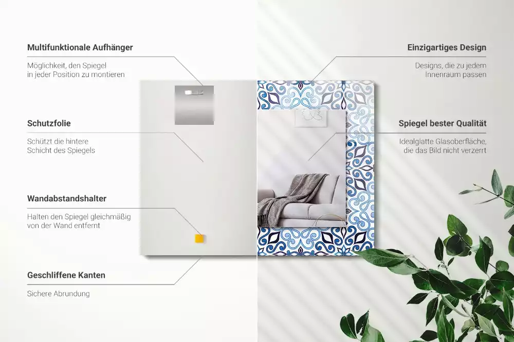 Obdélníkové dekorační zrcadlo Modrý ornamentální vzor