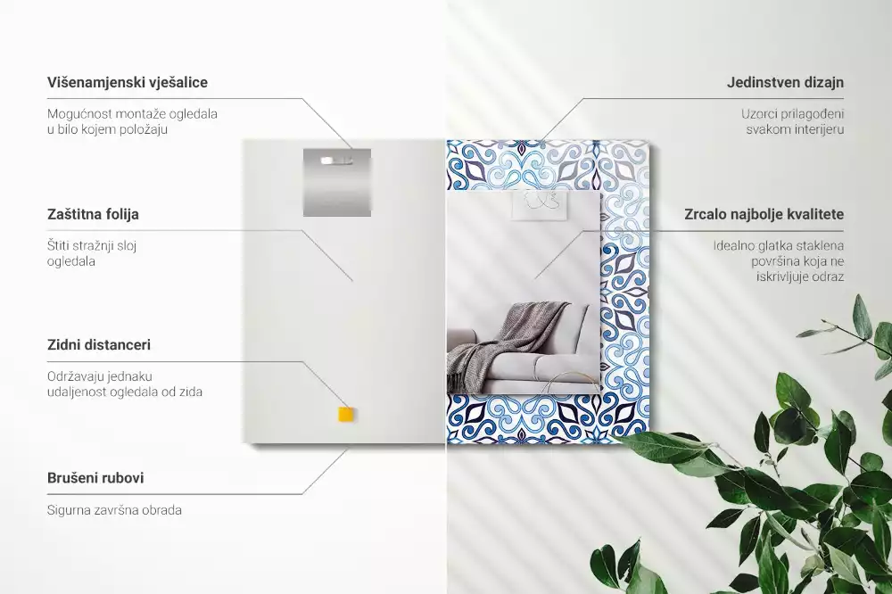 Obdélníkové dekorační zrcadlo Modrý ornamentální vzor