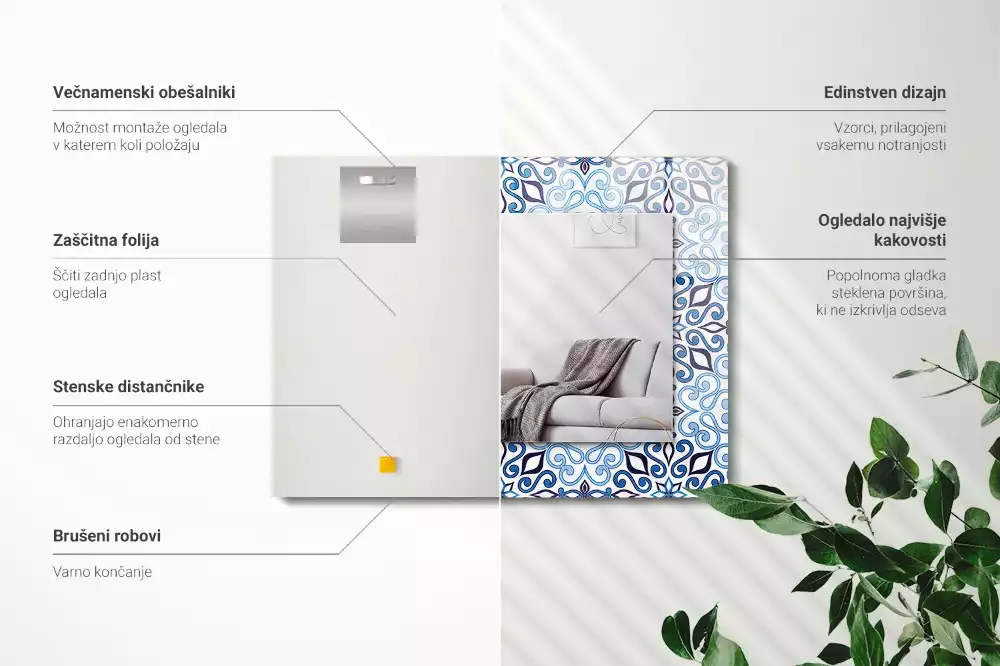 Obdélníkové dekorační zrcadlo Modrý ornamentální vzor