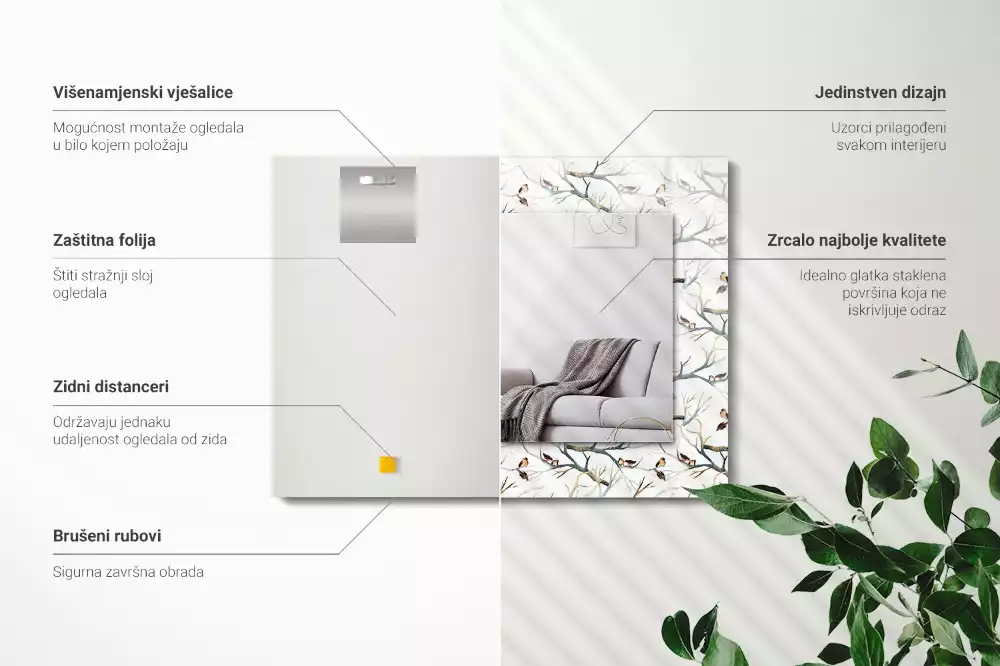 Obdélníkové dekorační zrcadlo Ptáci na větvích