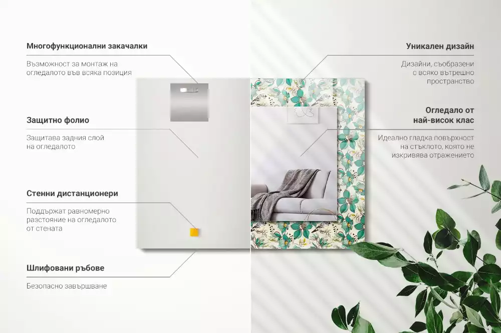 Obdélníkové dekorační zrcadlo Ptáci a květiny