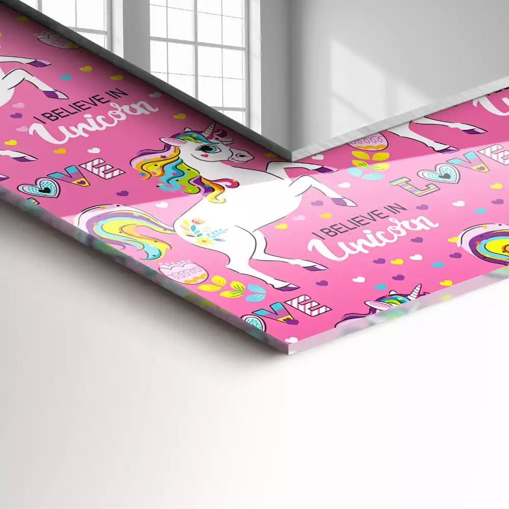 Obdélníkové dekorační zrcadlo Jednorožci duhové srdce