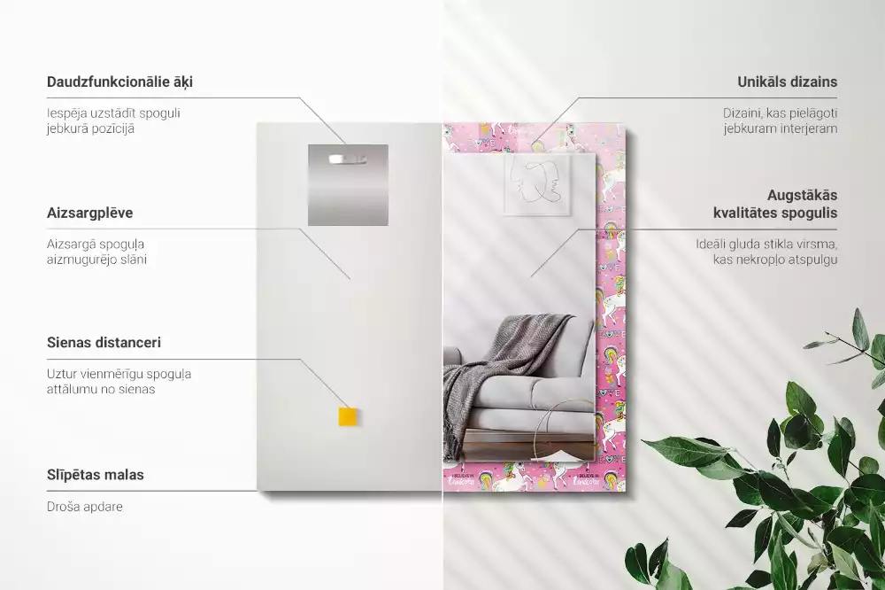 Obdélníkové dekorační zrcadlo Jednorožci duhové srdce