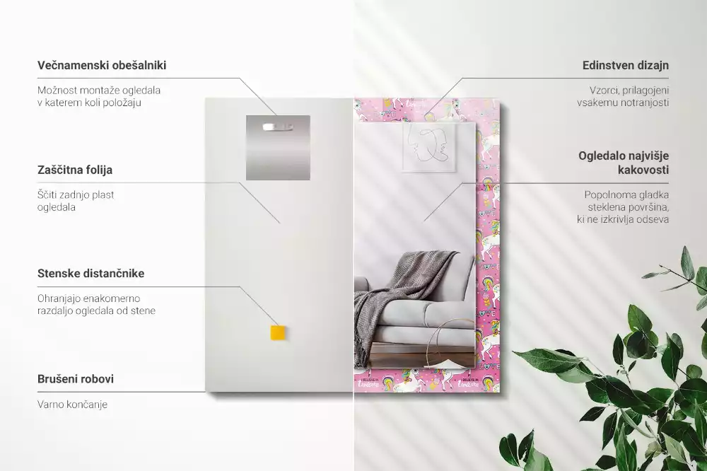 Obdélníkové dekorační zrcadlo Jednorožci duhové srdce