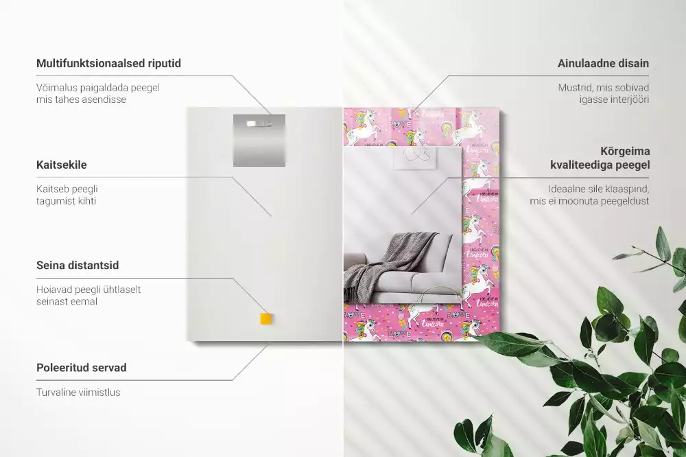 Obdélníkové dekorační zrcadlo Jednorožci duhové srdce