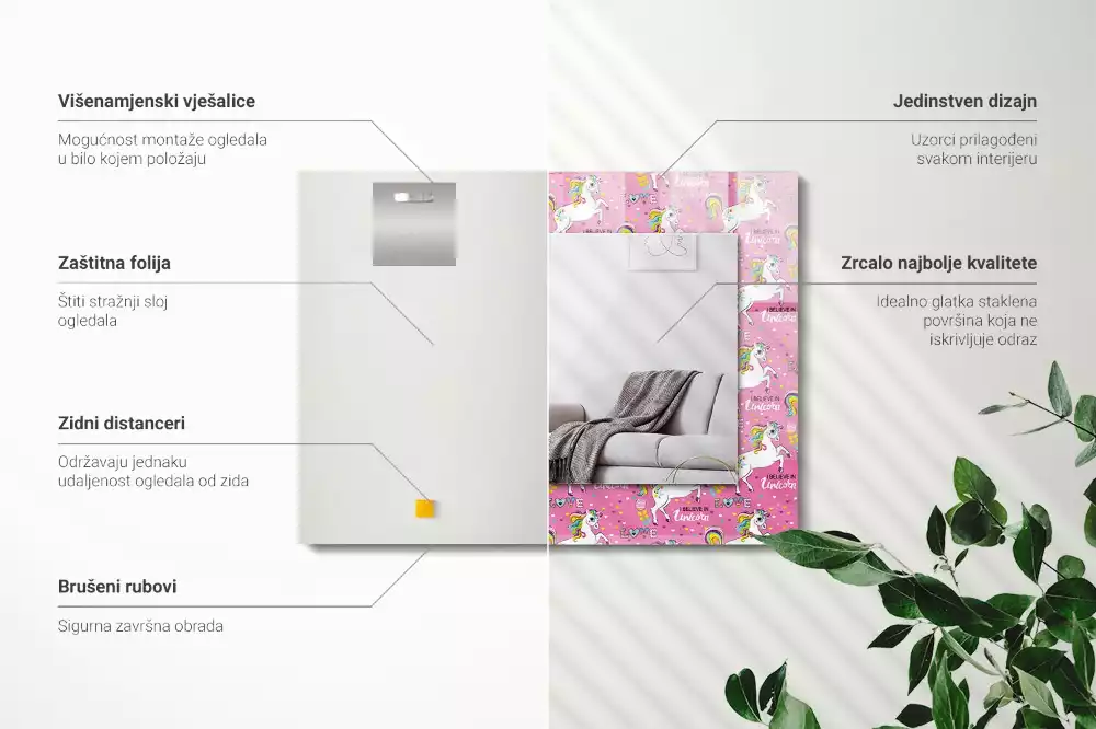 Obdélníkové dekorační zrcadlo Jednorožci duhové srdce