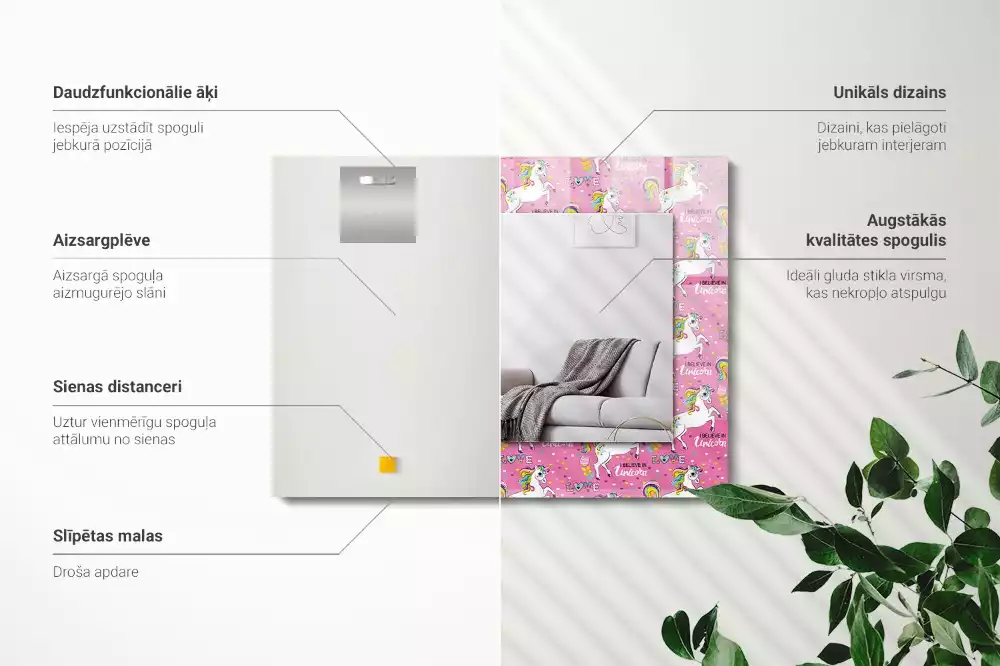 Obdélníkové dekorační zrcadlo Jednorožci duhové srdce