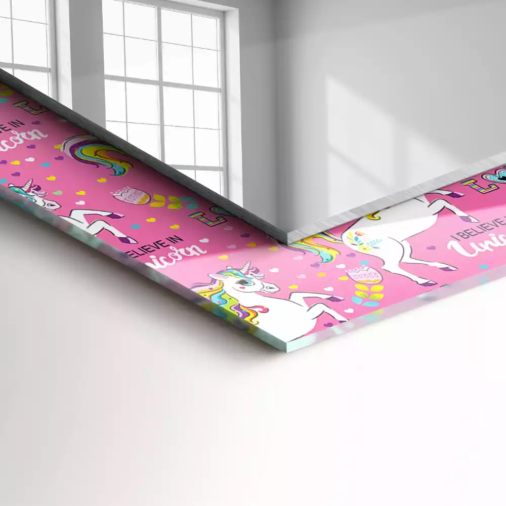 Obdélníkové dekorační zrcadlo Jednorožci duhové srdce