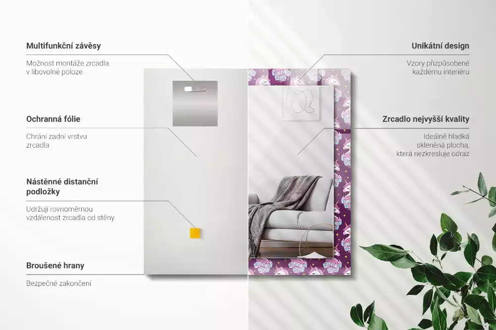 Obdélníkové dekorační zrcadlo Nápis hvězd jednorožců