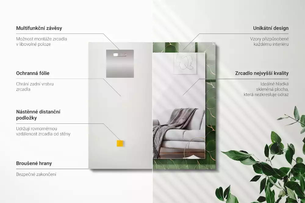 Obdélníkové dekorační zrcadlo Vzor zelené listy