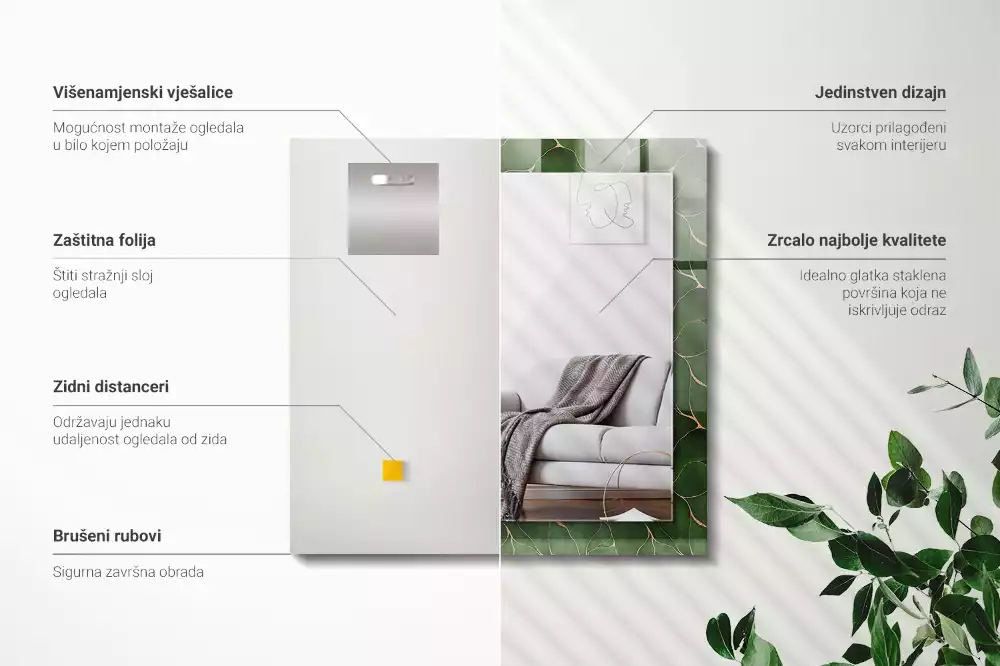 Obdélníkové dekorační zrcadlo Vzor zelené listy