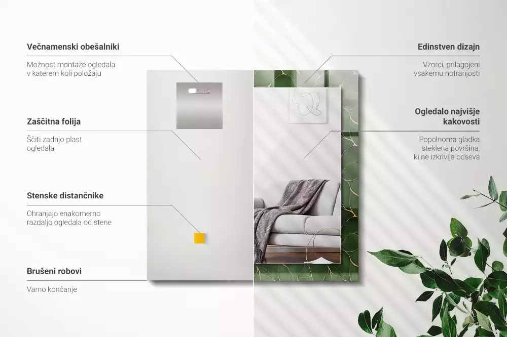 Obdélníkové dekorační zrcadlo Vzor zelené listy