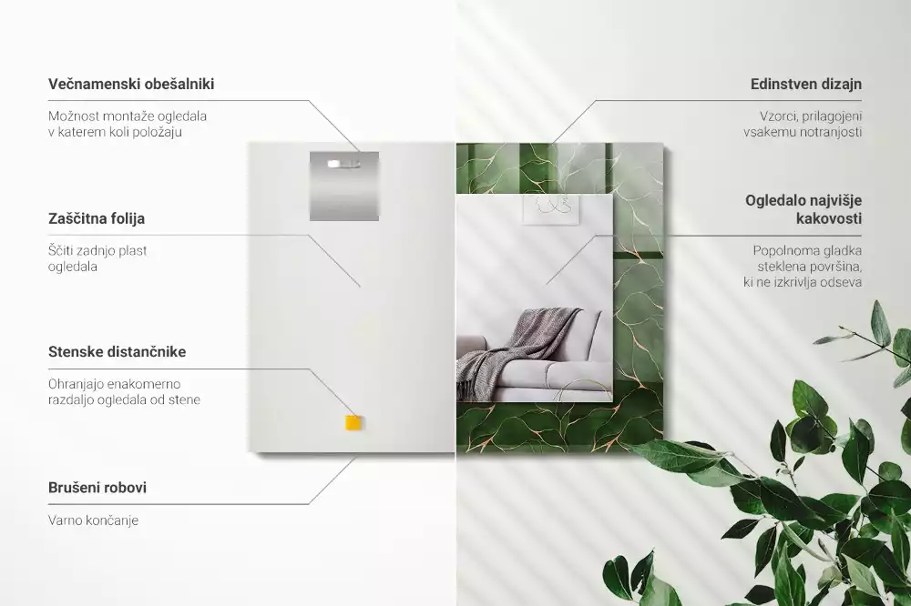 Obdélníkové dekorační zrcadlo Vzor zelené listy