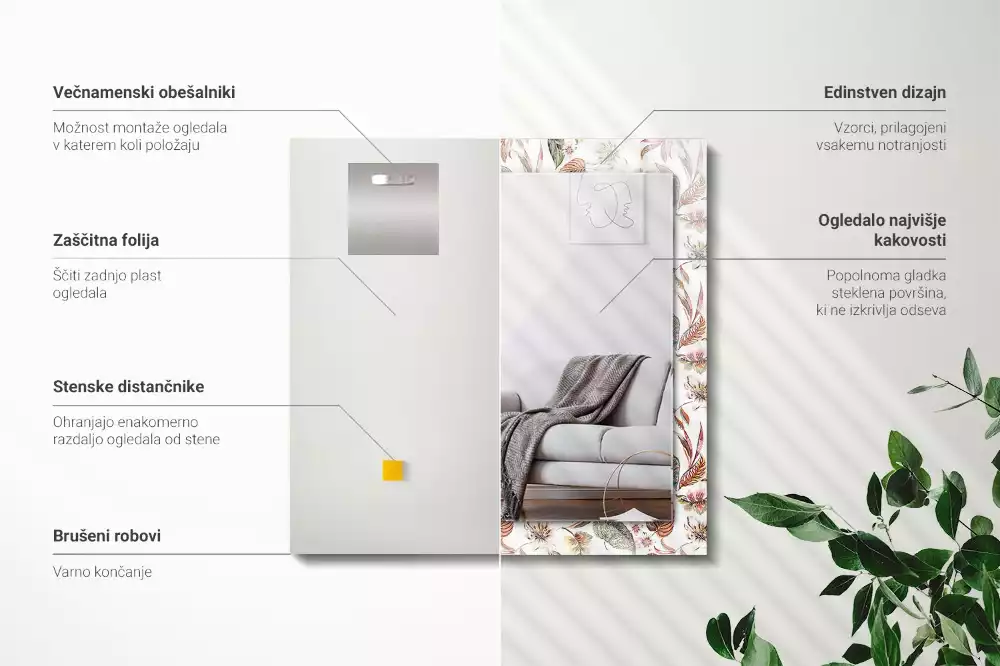 Obdélníkové dekorační zrcadlo Květiny a listy