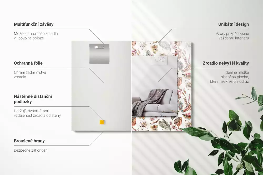 Obdélníkové dekorační zrcadlo Květiny a listy