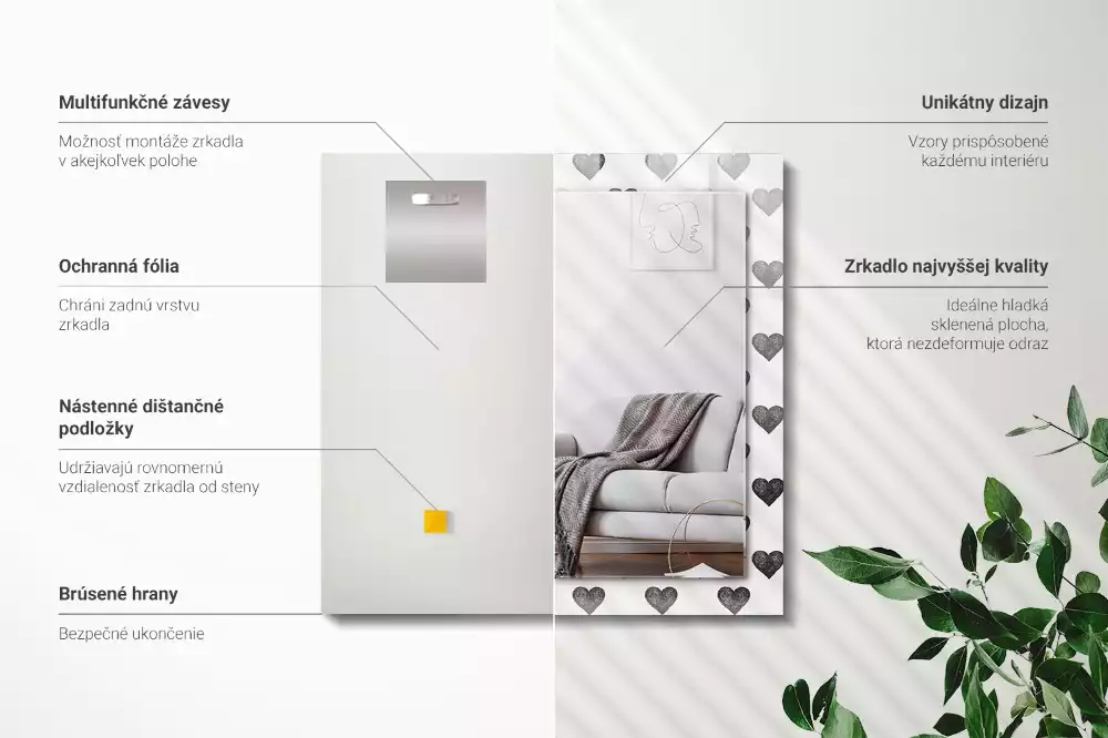 Obdélníkové dekorační zrcadlo Vzor černé srdce