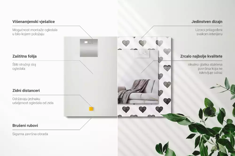 Obdélníkové dekorační zrcadlo Vzor černé srdce