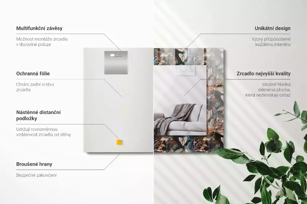 Obdélníkové dekorační zrcadlo Květiny a listy