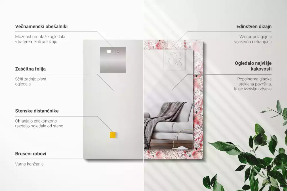 Obdélníkové dekorační zrcadlo Růžoví plameňáci