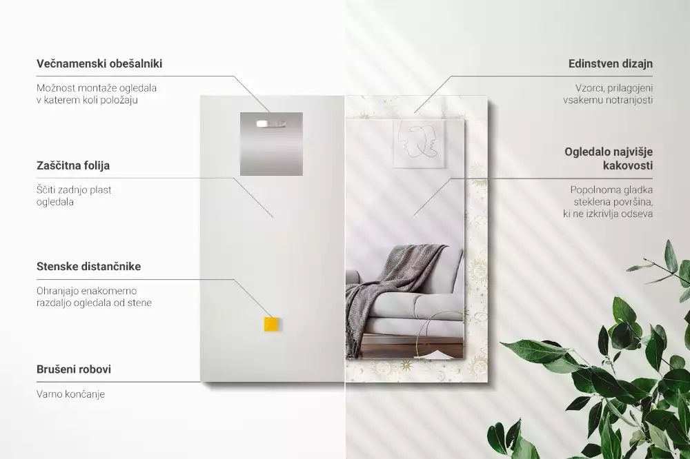 Obdélníkové dekorační zrcadlo Slunce Měsíc hvězdy