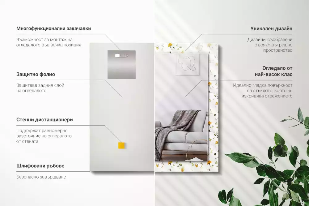 Obdélníkové dekorační zrcadlo Květiny listy vzor