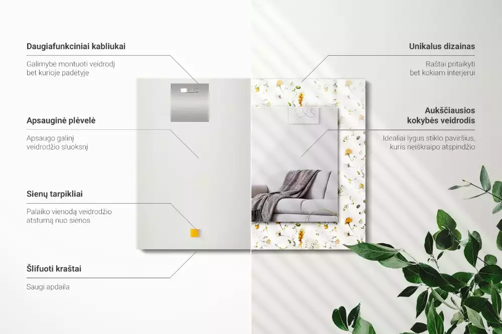 Obdélníkové dekorační zrcadlo Květiny listy vzor