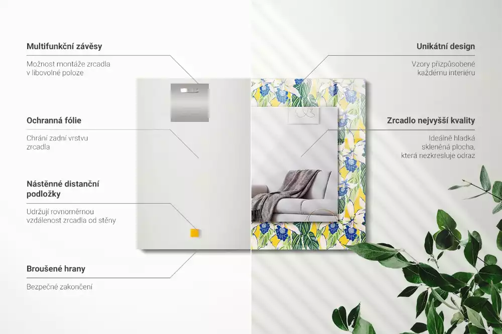 Obdélníkové dekorační zrcadlo Květiny a listy