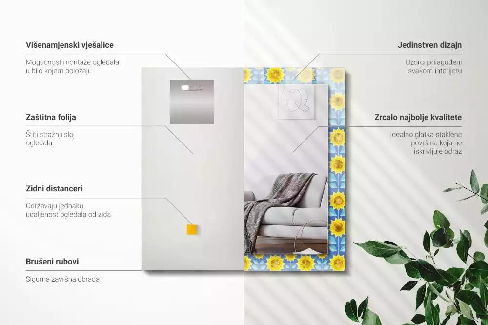 Obdélníkové dekorační zrcadlo Slunečnice listy bezešvé vzor