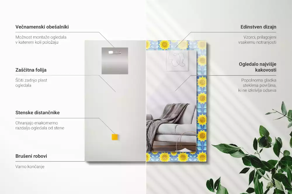 Obdélníkové dekorační zrcadlo Slunečnice listy bezešvé vzor