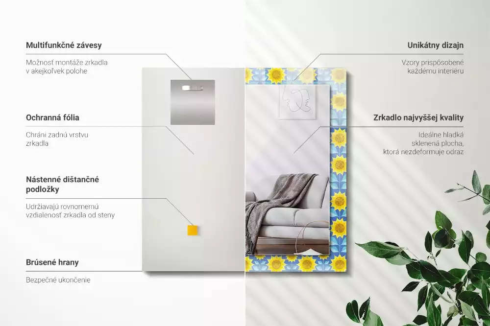 Obdélníkové dekorační zrcadlo Slunečnice listy bezešvé vzor