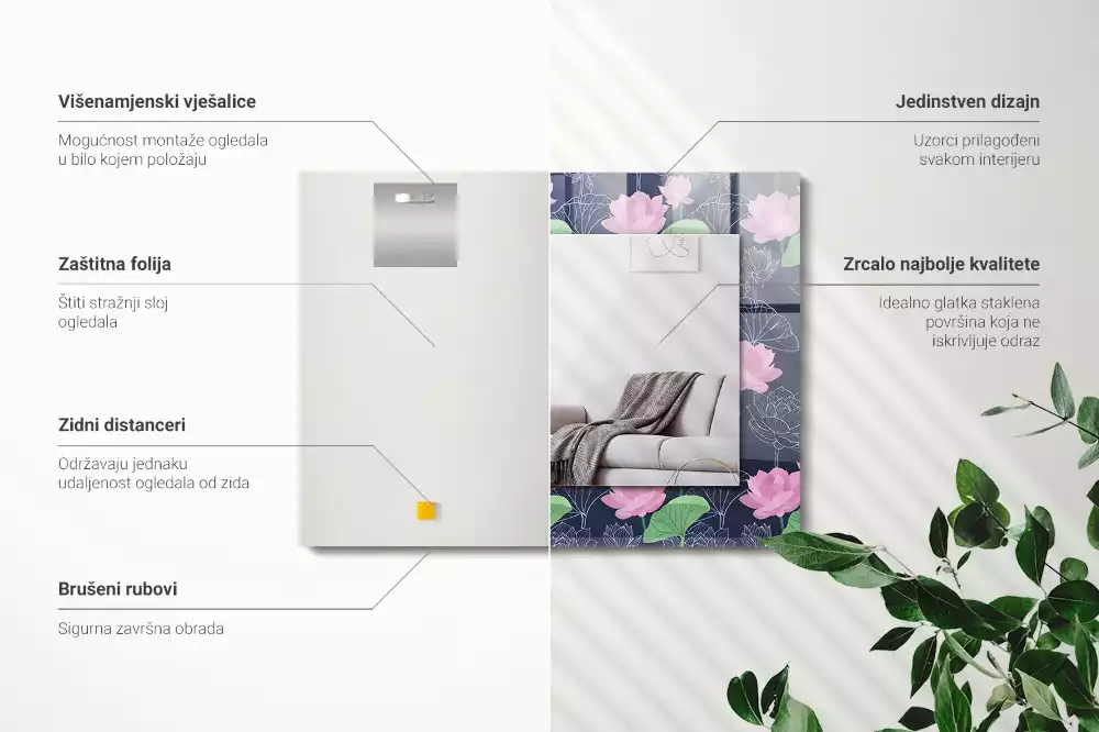 Obdélníkové dekorační zrcadlo Růžové lotosové květy