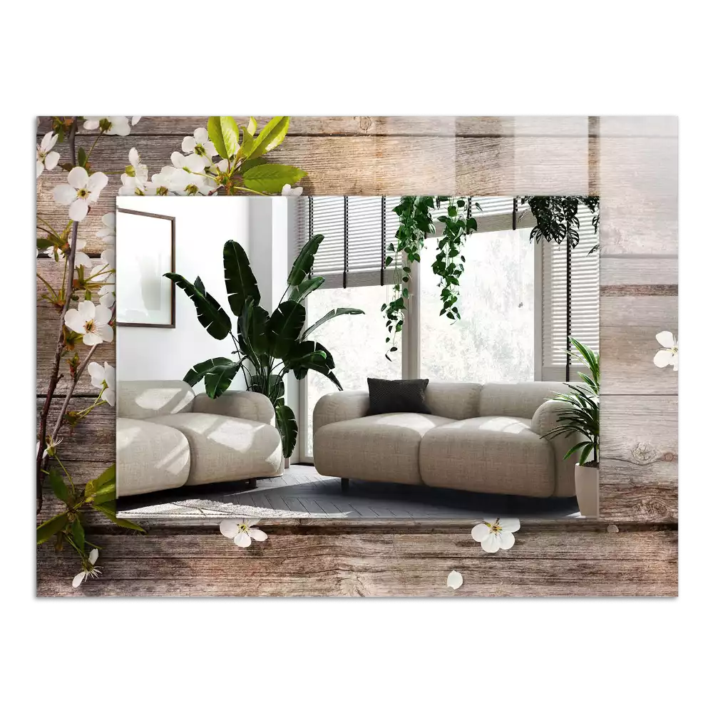 Obdélníkové dekorační zrcadlo Květiny na dřevo