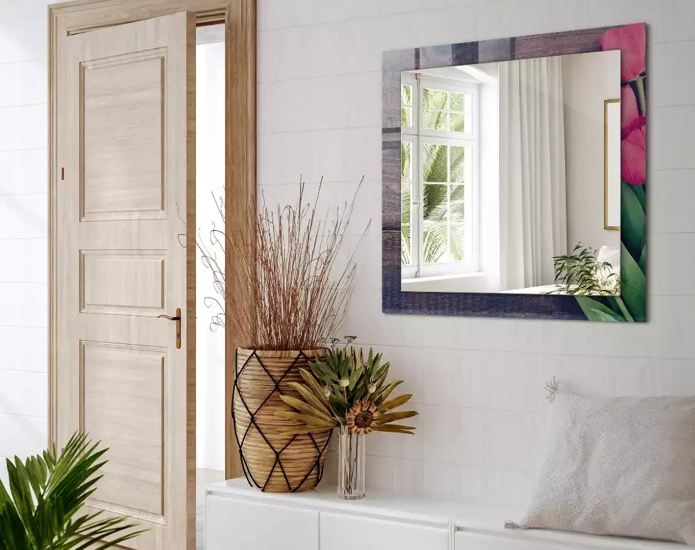 Obdélníkové dekorační zrcadlo Růžové dřevěné tulipány